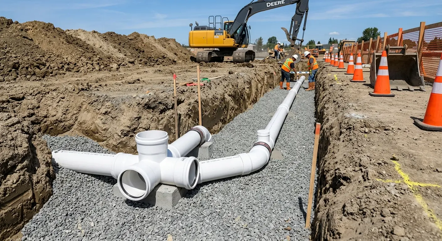 New PVC sewer pipe installation in open trench for Sewer Camera Inspection in Springfield